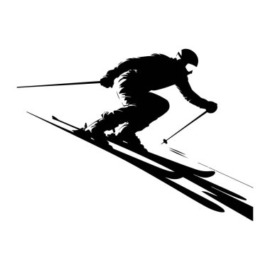 Siyah bir siluet bir kayakçının yamaçta inişini tasvir eder. Kayakçı kayaklar açılı ve direklerle bir dönemece doğru eğiliyor. Dinamik duruş hız ve çevikliği gösteriyor. Görüntü, simsiyah beyaz bir grafiktir.