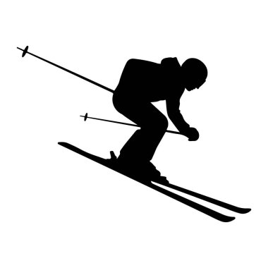 Hareket halindeki bir kayakçının siyah bir silueti yamaçtan iniyor. Kayakçı bir kask ve gözlük takıyor ve kayak sopaları tutuyor. Kayaklar aşağıya doğru açılı, bu da hareketi gösteriyor. Görüntü beyaz arka planda simsiyah, Dyna 'yı vurguluyor.