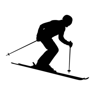 Siyah bir siluet hareket halindeki bir kayakçıyı, bir yamaçtan inerken resmediyor. Kayakçı kask takıyor ve elinde kayak sopalarıyla çömelmiş gibi görünüyor. Kayaklar açılı, hareket var. Görüntü, siyah rengin katıksız karşıtlığıdır.