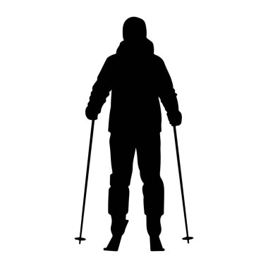 Ayakta duran ve kayak sopaları tutan siyah bir siluet. Kışlık giysiler giyiyor, kapüşonlu ceket ve pantolon da dahil. Siluet beyaz bir arkaplanda izole edilmiş..