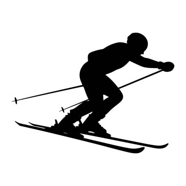 Siyah bir siluet, kayak sopaları uzatılmış bir şekilde öne doğru eğilen bir kayakçıyı gösteriyor. Kayakçı kask takıyor ve kayak pistine iniyor gibi görünüyor. Görüntü, siyah ile beyaz bir arkaplan arasındaki katıksız bir tezat. 