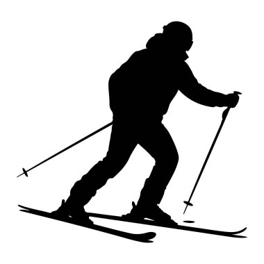 Beyaz arka planda hareket eden bir kayakçının siyah silueti. Kayakçı kask ve kışlık giysiler giyiyor, elinde kayak sopası tutuyor ve kayak yapıyor. Poz aktif bir hareketi işaret ediyor, muhtemelen bir eğim iniyor..