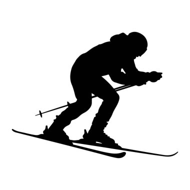 Siyah bir siluet, kayakçıyı dinamik bir pozda tasvir eder, kayak sopaları uzatılmış olarak öne doğru eğilir. Kayakçı botlarına kayak kıyafeti ve kask takıyor. Görüntü, beyaz bir arkaplana karşı siyahın katıksız bir karşıtlığıdır.