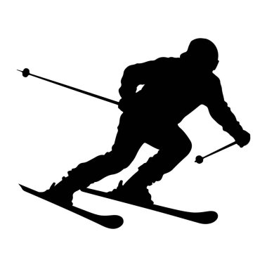 Siyah bir siluet, bir dönemece doğru eğilen bir kayakçıyı göstermektedir. Kayakçı kask takıyor ve kayak direkleriyle yokuş aşağı gidiyor gibi görünüyor. Kayaklar açılı, yamaçlarda hız ve kontrol öneriyorlar. Görüntü net, b ile.