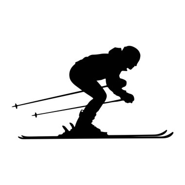 Siyah bir kayakçı silueti, kayak takımları ve direklerle öne doğru eğiliyor. Kayakçı kask ve kayak kıyafeti giyiyor. Görüntü, dinamik duruşu ve ekipmanları vurgulayan beyaz bir arkaplanda izole edilmiştir..