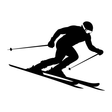 Siyah bir siluet bir kayakçının yamaçtaki hareketini tasvir eder. Kayakçı bir kask ve gözlük takıyor ve kayak direkleri tutuyor. Kayaklar açılı, hareket ve alçalmayı gösteriyor. Görüntü, sporun katıksız siyah-beyaz grafik gösterimidir..