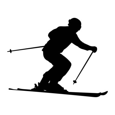 Beyaz arka planda hareket eden bir kayakçının siyah silueti. Kayakçı kask takıyor ve ayaklarına kayak sopaları takıyor. Duruş dinamik hareketi ve eğim aşağı doğru hızlanmayı gösteriyor..