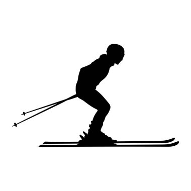 Hareket halindeki bir kayakçının siyah silueti beyaz bir arkaplana karşı tasvir edilir. Kayakçı kask takıyor ve etkin bir şekilde kayak yapıyor gibi görünüyor. İki kayak direği kayakçı tarafından tutulur, dışa ve geriye doğru uzanır. Kayaklar...