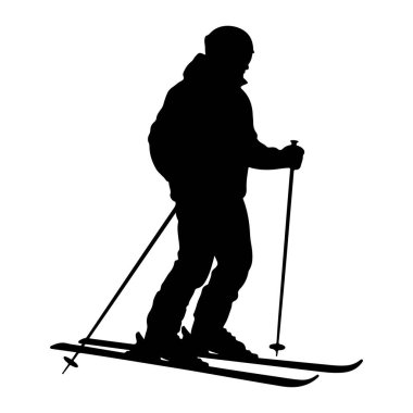 Kayak yapan bir kişinin siyah silueti beyaz bir zemine karşı tasvir edilir. Kayakçı kask takıyor ve hareket halinde, kayak direklerini tutuyor ve kayak üzerinde dengede duruyor gibi görünüyor. Görüntü, kış sporunun basit, grafik bir temsilidir..