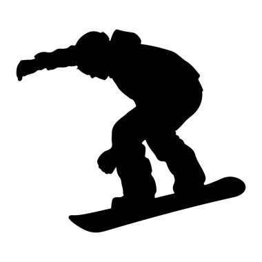 Snowboard yapan bir snowboardcunun silueti. Snowboard 'a yaslanmış. Şekil, dinamik duruşu ve sporun eylemini vurgulayan düz beyaz bir arkaplana karşı tasvir edilmiştir. Snowboard sporcusu kışlık kıyafet giyiyor