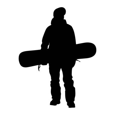 Ayakta duran ve snowboard 'u yatay olarak tutan siyah bir siluet. Bu figür, bir şapka ve ceket de dahil olmak üzere kışlık kıyafetler giyiyor. Arka plan bembeyaz, snowboardcunun ve ekipmanlarının koyu ana hatlarını vurguluyor..