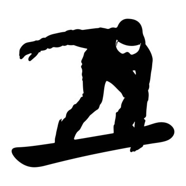 Bir snowboardcunun tipik siyah silueti, temiz beyaz bir arkaplana karşı yapılan eylemin ortasında çekildi. Sayı, snowboard 'u ayaklarının altına almış bir viraja giriyor. Kask ve gözlük takıyorlar. Vücut duruşlarına bakılırsa...