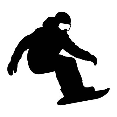Beyaz bir arka plana karşı eylem sırasında bir snowboardcunun siyah silueti. Snowboard 'cu gözlüklü ve eldivenli bir kask takıyor ve snowboardlarına yaslanıyor. Duruş dinamik, hareket ve hız öneriyor..