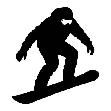 Bir snowboardcunun tipik siyah silueti, beyaz bir arka plana karşı eylemde. Bu figür kapüşonlu bir ceket, gözlük ve eldiven giyiyor ve snowboard 'ları altında duruyor. Duruş hareketi ve dinamizmi çağrıştırıyor.