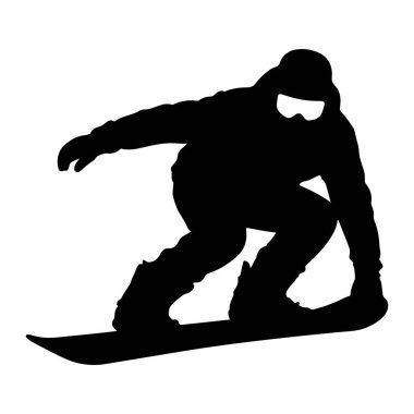 Beyaz arka planda hareket eden bir snowboardcunun siyah silueti. Snowboard 'cu gözlük takıyor ve dönüşün ortasında gibi görünüyor. Vücutları açılı ve snowboard' lar eğik. Görüntü sporun dinamik doğasını yakalar..