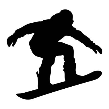 Snowboard yapan birinin siyah silueti. Şekil, denge için kollarını açarak öne doğru eğilmiş şekilde havada yakalanır. Snowboard 'cu kışlık giysiler giyiyor, kapüşonlu ceket ve eldiven de dahil, ve bir snowboard' un üzerinde duruyor. İma.
