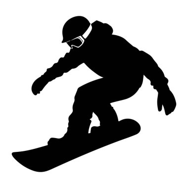 Havada zıplayan bir snowboardcunun siyah silueti. Snowboard 'cu bir kask ve gözlük takıyor ve kış sporu kıyafeti giyiyor. Görüntü, sporun katıksız siyah-beyaz grafik gösterimidir..