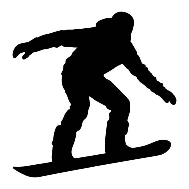 Beyaz arka planda hareket eden bir snowboardcunun siyah silueti. Snowboard sporcusu kışlık giysiler giyiyor ve bir snowboard 'a yerleştirilmiş durumda. Dönüşün ortasındaymış gibi görünüyor ya da bir numara yapıyor. Görüntü, siyah ve beyaz arasında katıksız bir tezat.