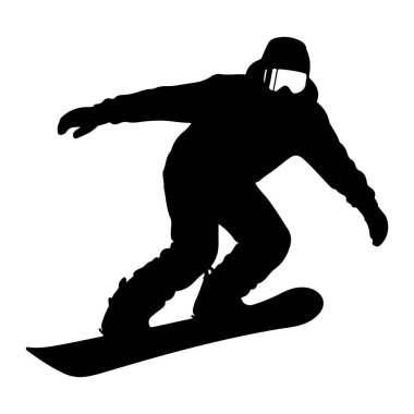 Snowboard yapan birinin siyah silueti. Kışlık giysiler giyiyor, kapüşonlu ceket, pantolon, eldiven ve gözlük de dahil. Snowboard sporcusu dinamik bir pozla yakalanıyor, snowboard 'a yaslanıyor, kolları bal için uzatılmış olarak.