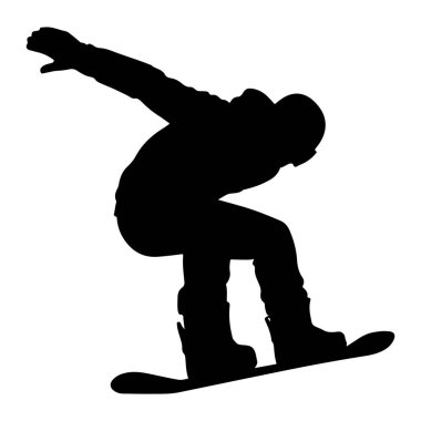 Bir snowboardcunun siyah silueti beyaz bir arkaplana doğru hareket ederken yakalandı. Snowboard sporcusu bir kolu denge için uzatılmış, diğeri ise bükülmüş bir şekilde bir dönemece giriyor veya atlıyor. Görüntü dinamik hareketi ve atletik duruşu vurgular.