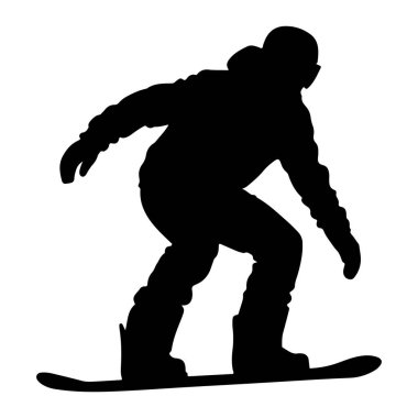 Bir snowboardcunun tipik siyah silueti, beyaz bir arka plana karşı eylemde. Bu figür, bir kapüşonlu ceket ve gözlük de dahil olmak üzere kışlık giysiler giyerken resmedilmiş ve bir snowboard üzerinde dengelenmiştir. Poz hareketi ve kontrolü gösteriyor.