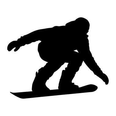 Beyaz bir arka plana karşı eylem sırasında bir snowboardcunun siyah silueti. Snowboard sporcusu kollarını denge için uzatarak viraja giriyor. Bir kask ve eldiven de dahil olmak üzere kışlık giysiler giyiyorlar ve bir kar bohçasına bağlılar.
