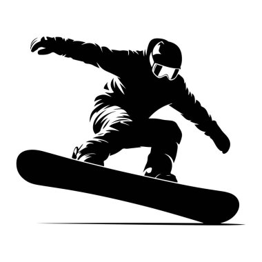 Beyaz bir arka planda, havada bir snowboardcunun tipik siyah silueti. Snowboard 'cu gözlüklü ve eldivenli bir kask takıyor ve snowboardlarına dinamik bir şekilde yerleştirilmiş hareket ve sıçrama öneriyor. Görüntü çok kötü.