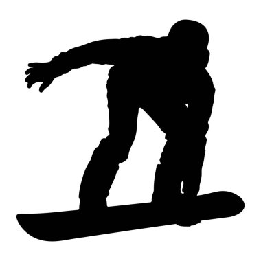 Snowboard 'daki bir kişinin siyah silueti havada yakalanır. Snowboard sporcusu açılı, bir kolu denge için dışa doğru uzanıyor ve diğeri bükülüyor. Kışlık spor kıyafetlerini çağrıştıran kıyafetler giyiyor, miğfer de dahil.