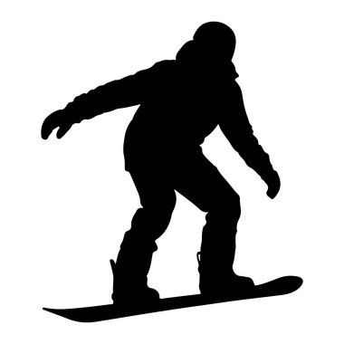 Snowboard yapan birinin siyah silueti. Miğfer, ceket, pantolon ve eldiven takan figür, bir snowboard üzerinde hareket ediyor gibi görünüyor. Arkaplan düz beyaz.