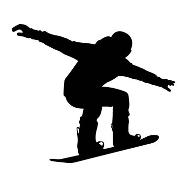 Beyaz bir zemine karşı havada kar kayağı yapan birinin siyah silueti. Snowboard sporcusu kışlık giysiler giyiyor ve kollarını denge için açarak bir numara yapıyor gibi görünüyor. Snowboard ayaklarının altında görünüyor..