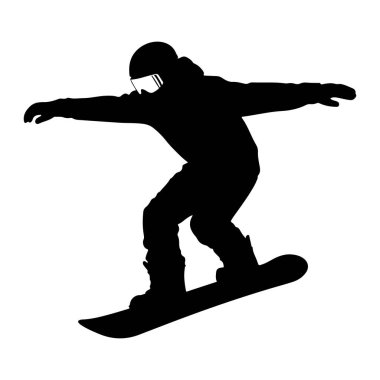 Beyaz bir arka planda, havada bir snowboardcunun siyah silueti. Snowboard 'cu bir kask ve gözlük takıyor ve kollarını denge için açarak dinamik bir poz veriyor. Snowboard ayaklarının altında görünüyor..