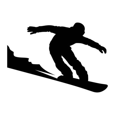 Bir snowboardcunun siyah silueti beyaz bir arka plana karşı eylem halinde. Snowboard sporcusu bir yamaçtan inerken yakalanır ve kolları denge için açılır. Dinamik duruş hız ve çevikliği gösteriyor. Siluet çok çirkin.