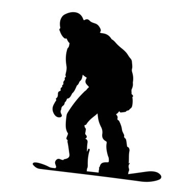 Snowboard 'da siyah bir siluet bembeyaz arka planda resmedilir. Kışlık giysiler giyiyor, kapüşonlu ceket, pantolon ve botlar, miğfer ve gözlüklerle birlikte. Snowboard 'cu hareket ediyor gibi görünüyor., 