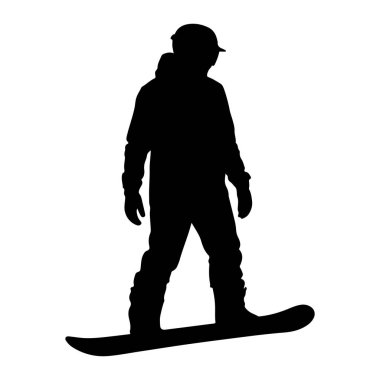 Beyaz bir zemine karşı snowboard 'un üzerinde duran siyah bir siluet. Kışlık giysiler giyiyor. Kask, ceket ve eldiven de dahil. Snowboard kişinin ayaklarının altına yatay olarak yerleştirilmiş..
