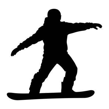 Kar kayağı yapan bir kişinin siyah silueti beyaz bir arka planda resmedilir. Snowboard sporcusu denge için kollarını uzatan bir kask ve kışlık kıyafet giyiyor. Görüntü dinamik bir poz yakalar, hareket ve beceriyi gösterir.