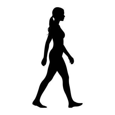 Profilde siyah bir kadın silueti yürürken resmedildi. Saçları at kuyruğu şeklinde geri çekiliyor. Şekil yandan gösteriliyor, bir bacağı önde, diğeri arkada, bu da hareketi gösteriyor. Siluet, düz beyaz bir sırtgeçitte izole edilmiş.