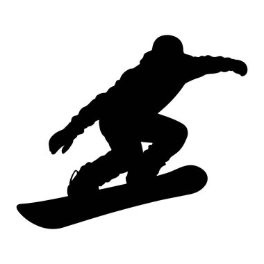 Beyaz bir arka planda, havada bir snowboardcunun siyah silueti. Snowboard sporcusu dinamik bir pozla, vücutları açılı ve kolları açık bir şekilde yakalanır, bu da hareket ve sıçrama olduğunu gösterir. Kar kayağı ayaklarının altında açıkça görülüyor..