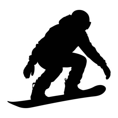 Beyaz arka planda hareket eden bir snowboardcunun siyah silueti. Snowboard sporcusu, kask, gözlük ve eldiven de dahil olmak üzere kışlık giysiler giyiyor ve bir snowboard tahtasına yerleştirildi. Duruş dinamik hareket ve atletizmi gösteriyor..