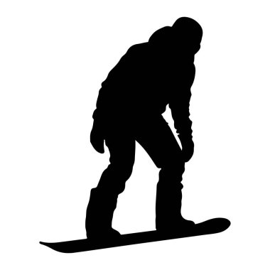 Kar kayağı yapan bir kişinin siyah silueti beyaz bir arka planda resmedilir. Bu figür, dizleri bükülmüş, snowboard üzerinde hareket ve dengeyi gösteren bir şekilde orta hareketin ortasında yakalanır. Siluet açıkça ana hatlarını gösteriyor.