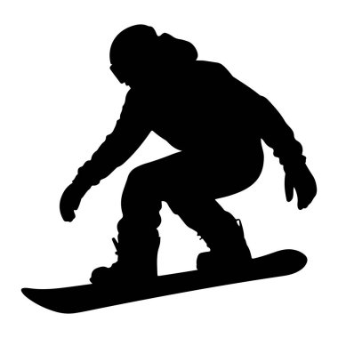 Bir snowboardcunun tipik siyah silueti, beyaz bir arka plana karşı eylemde. Snowboard sporcusu dinamik bir pozla yakalanıyor, snowboard açılı bir viraja doğru eğiliyor. Kış sporları kıyafeti giyiyorlar, kaskları da var. 