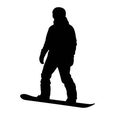 Bir snowboardcunun siyah silueti beyaz bir zemin üzerinde dimdik duruyor. Snowboard 'cu kışlık giysiler giyiyor, kask ve eldiven de dahil. Görüntü, sporun temiz ve grafik bir temsilidir..