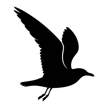 Bir martının siyah silueti uçuşun ortasında bembeyaz bir zemine karşı tasvir edilir. Kuşun kanatları tamamen geniştir, geniş açıklıkları ve tüylü kenarları sergilenir. Vücudu aerodinamik, kafası hafifçe öne çevrilmiş ve...