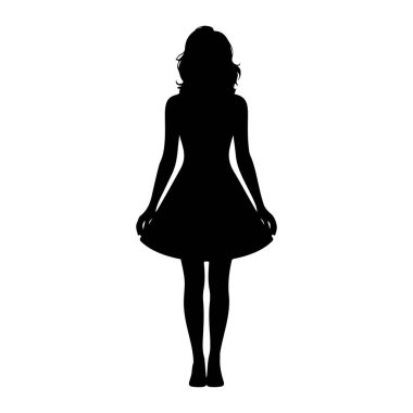 Beyaz arka planda duran siyah bir kadın silueti. Kısa, parlak bir elbise giyiyor ve dalgalı saçları var. Elleri elbisesinin kenarına yakın bir yerde. Görüntü, bir insanın basit, grafik bir temsilidir..