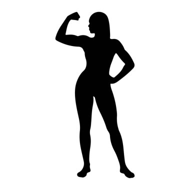 Siyah siluet bir kadın sol kolu esnemiş, pazılarını gösteriyor. Sağ eli kalçasına yerleştirilmiş. Şekil, düz beyaz bir arkaplana karşı tasvir edilir.