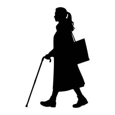 Soldan sağa yürüyen siyah bir kadın silueti. O bir ceket ve bot giyiyor, omuzunda büyük bir çanta taşıyor ve destek için bir baston kullanıyor. Resim beyaz bir arkaplanda izole edilmiştir.