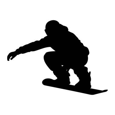 Bir snowboardcunun siyah silueti alçak çömelmiş bir pozisyonda tasvir edilir. Snowboard sporcusunun üzerinde kışlık spor kıyafetleri var. Kapüşonlu ceket ve botlar da dahil. Snowboard, ayakların altında hafifçe açıyla görülebiliyor. Şey... 