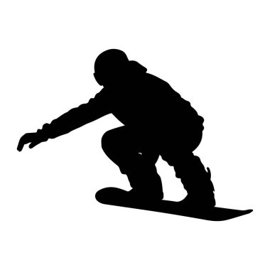 Bir snowboardcunun siyah silueti alçak, çömelmiş bir duruşta tasvir edilir. Snowboard sporcusu bir kask ve ceket de dahil olmak üzere kış kıyafeti giyiyor ve bir snowboard tahtasına yerleştirilmiş. Görüntü beyaz bir arkaplanda izole edilmiş, formu vurguluyor ve