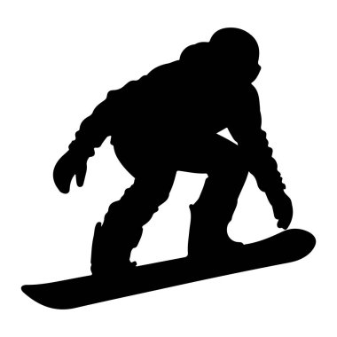Beyaz arka planda hareket eden bir snowboardcunun siyah silueti. Snowboard sporcusu kışlık giysiler giyiyor ve bir snowboard 'un üzerinde, sanki bir hareketin ortasındaymış gibi görünüyor. Görüntü sporun katıksız, grafik bir temsilidir..