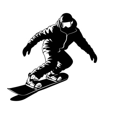 Beyaz arka planda hareket eden bir snowboardcunun siyah silueti. Snowboard 'cu kask, gözlük, ceket, pantolon ve eldiven takıyor ve bir snowboard' a yaslanıyor. Görüntü, T 'nin dinamik hareketini ve atletizmini yakalıyor.