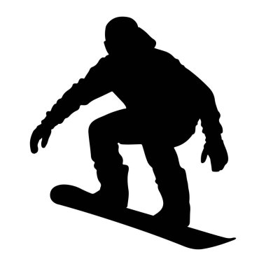 Beyaz arka planda hareket eden bir snowboardcunun siyah silueti. Snowboard sporcusu kapüşonlu bir ceket ve eldiven giyiyor ve bir snowboard 'un üzerinde, havada gibi görünüyor ya da bir numara yapıyor. Görüntü dinamik doğayı yakalar.